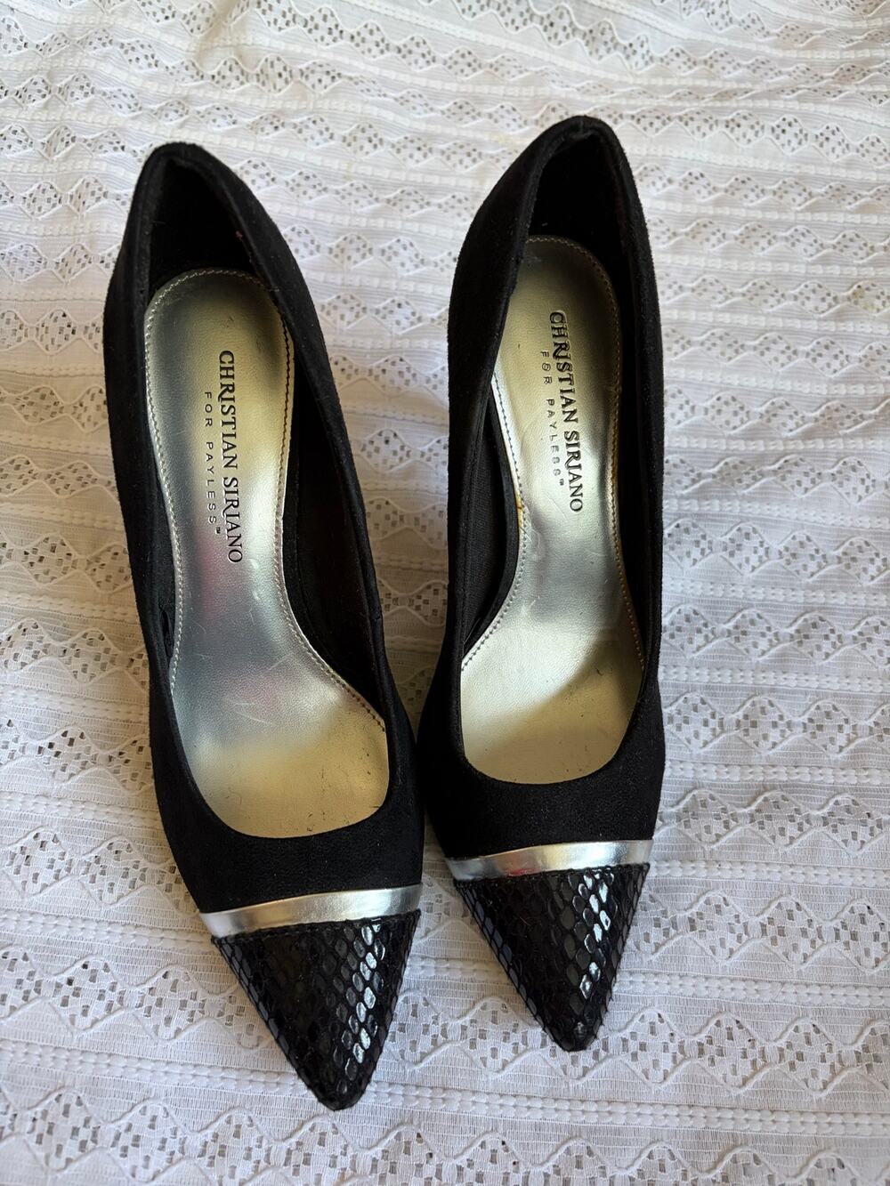 Christian Siriano Payless Black Pointed Toe Pumps Snake Cap Toe Heels Women's 8
